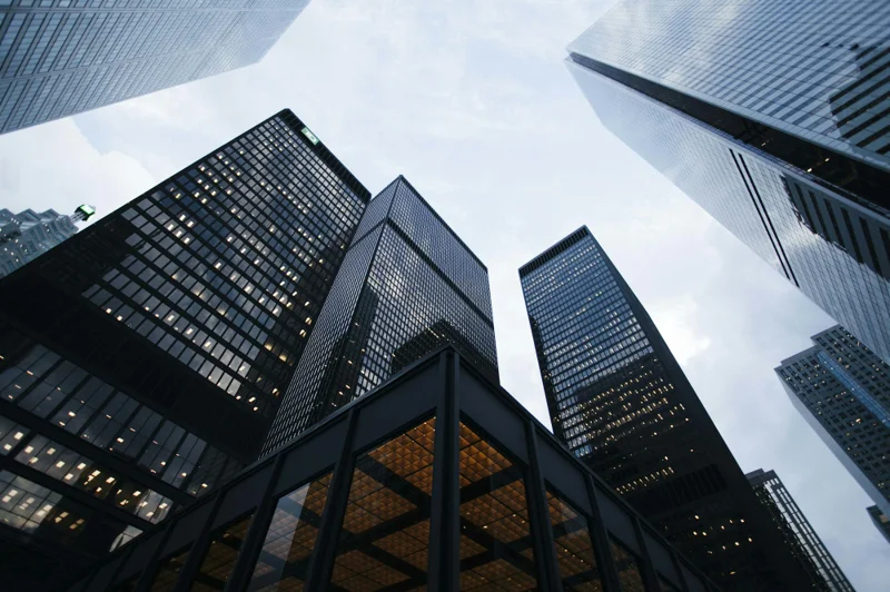 Glass commercial towers viewed from below